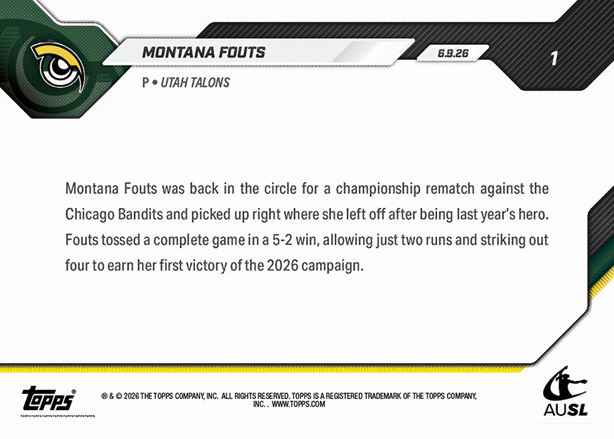 Montana Fouts - 2026 AUSL Topps NOW - Card 1 - PR: 1195 - Image 3