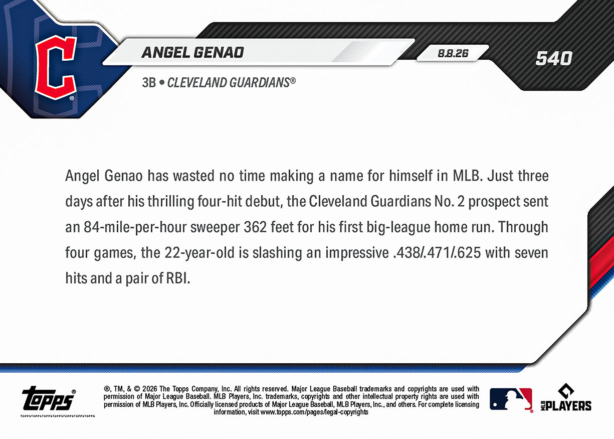 Angel Genao - 2026 MLB Topps NOW - Card 540 - PR: 1398 - Image 2