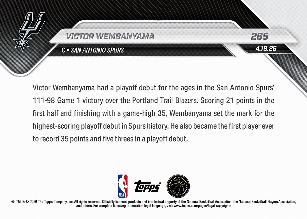 Victor Wembanyama - 2025-26 NBA Topps NOW - Card 265 - PR: 9692 - Image 2