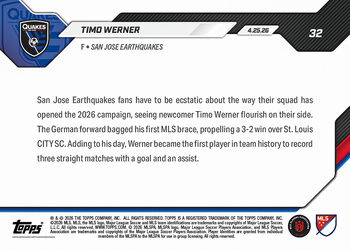 Alternative view of Timo Werner - 2026 MLS Topps NOW - Card 32 - PR: 221