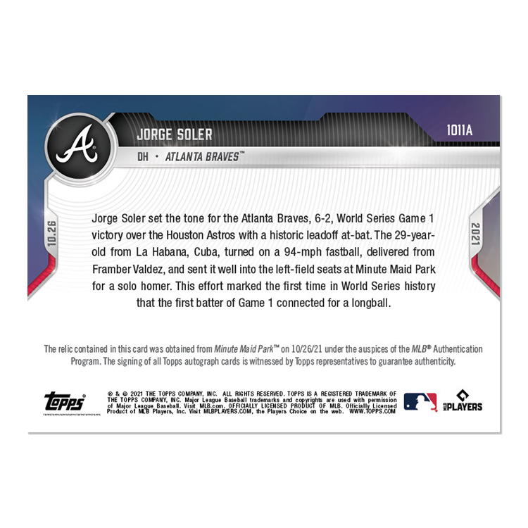 On-Card Auto-Relic # to 99 - Jorge Soler - 2021 MLB TOPPS NOW Card 1011A - Image 2