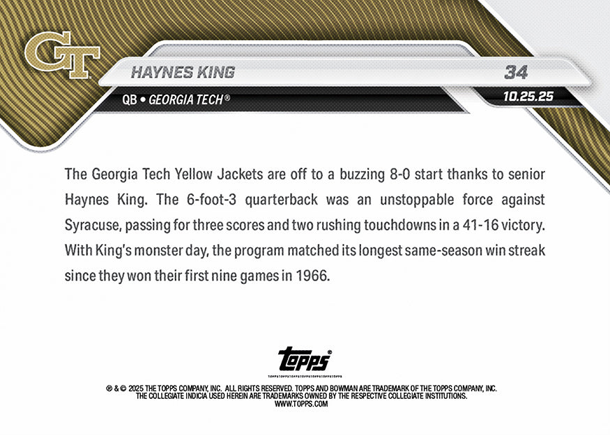 Haynes King - 2025-26 Bowman U NOW Football - Card 34 - PR: 570 - Image 2