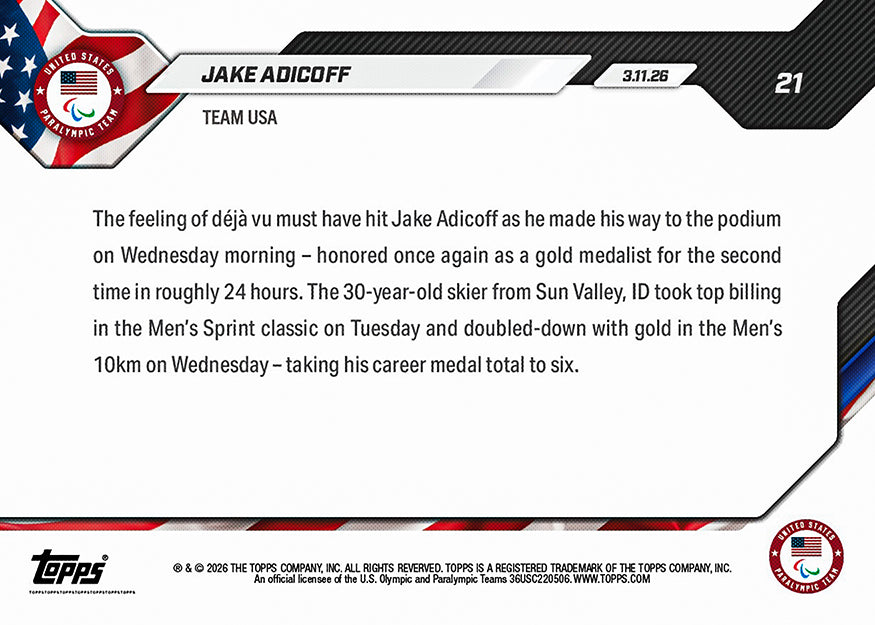 Jake Adicoff - 2026 Paralympics Topps NOW - Card 21 - PR: 405 - Image 2