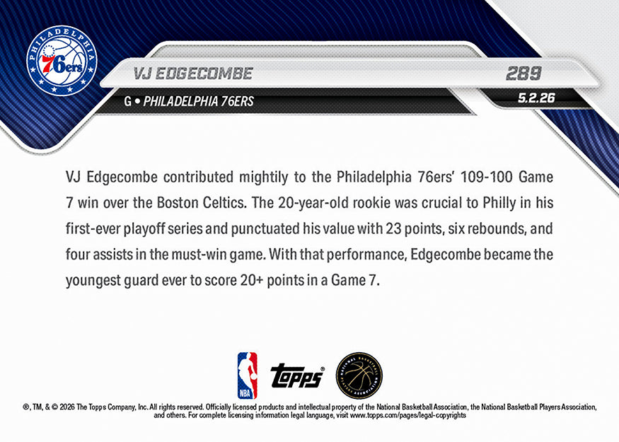 Alternative view of VJ Edgecombe - 2025-26 NBA Topps NOW - Card 289 - PR: 4054