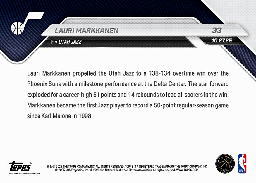 Lauri Markkanen - 2025-26 NBA Topps NOW - Card 33 - PR: 433 - Image 2