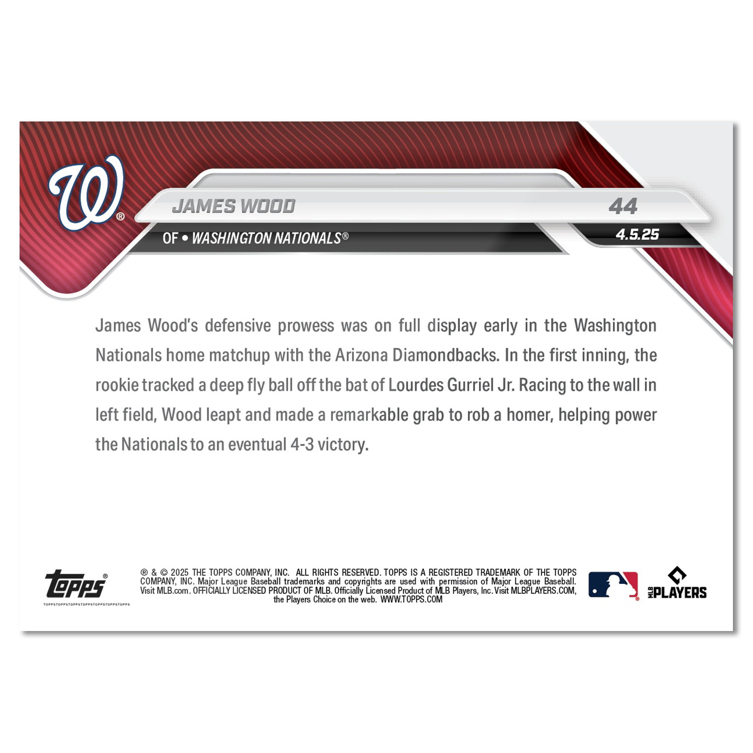 James Wood - 2025 MLB Topps NOW - Card 44 - PR: 1698 - Image 2