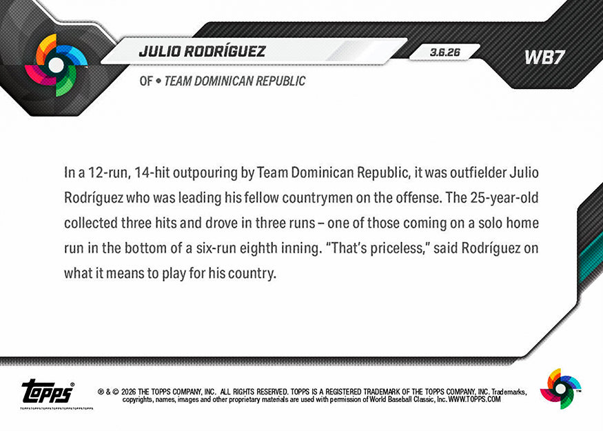 Julio Rodríguez - 2026 World Baseball Classic Topps NOW - Card 7 - PR: 1234 - Image 2