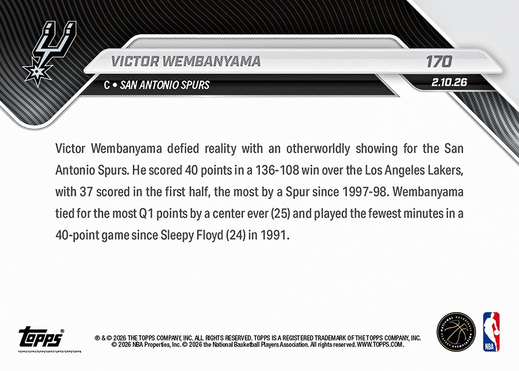 Alternative view of Victor Wembanyama - 2025-26 NBA Topps NOW - Card 170 - PR: 2043
