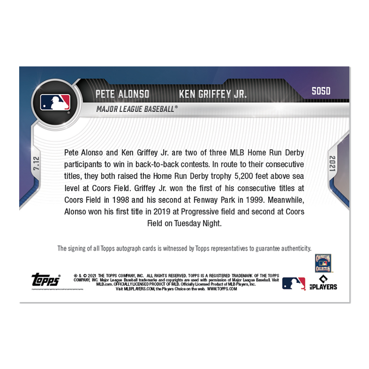 On-Card Auto # to 1 - Pete Alonso / Ken Griffey Jr. - 2021 MLB TOPPS NOW Card 505D - Image 2