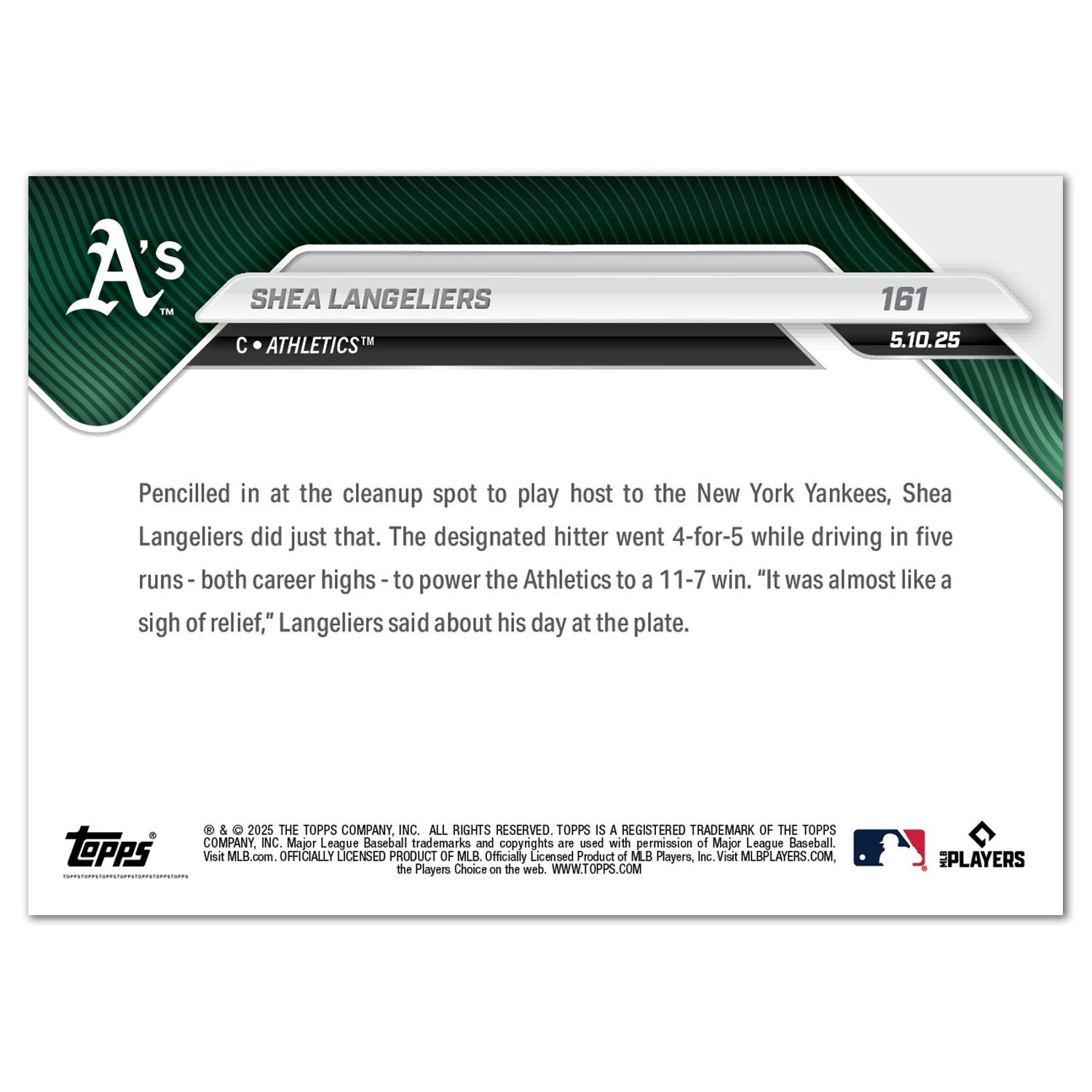 Shea Langeliers - 2025 MLB Topps NOW - Card 161 - PR: 265 - Image 2