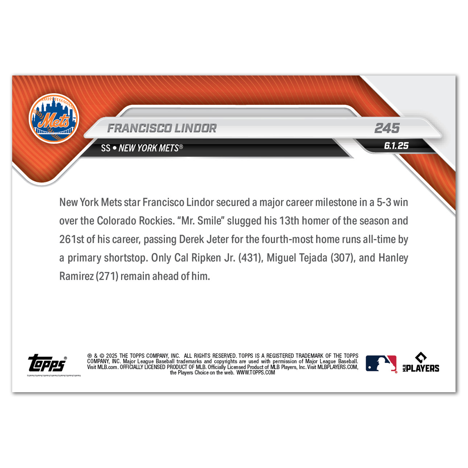 Francisco Lindor - 2025 MLB Topps NOW - Card 245 - PR: 1029 - Image 2