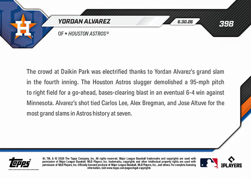 Yordan Alvarez - 2026 MLB Topps NOW - Card 398 - PR: 697 - Image 2