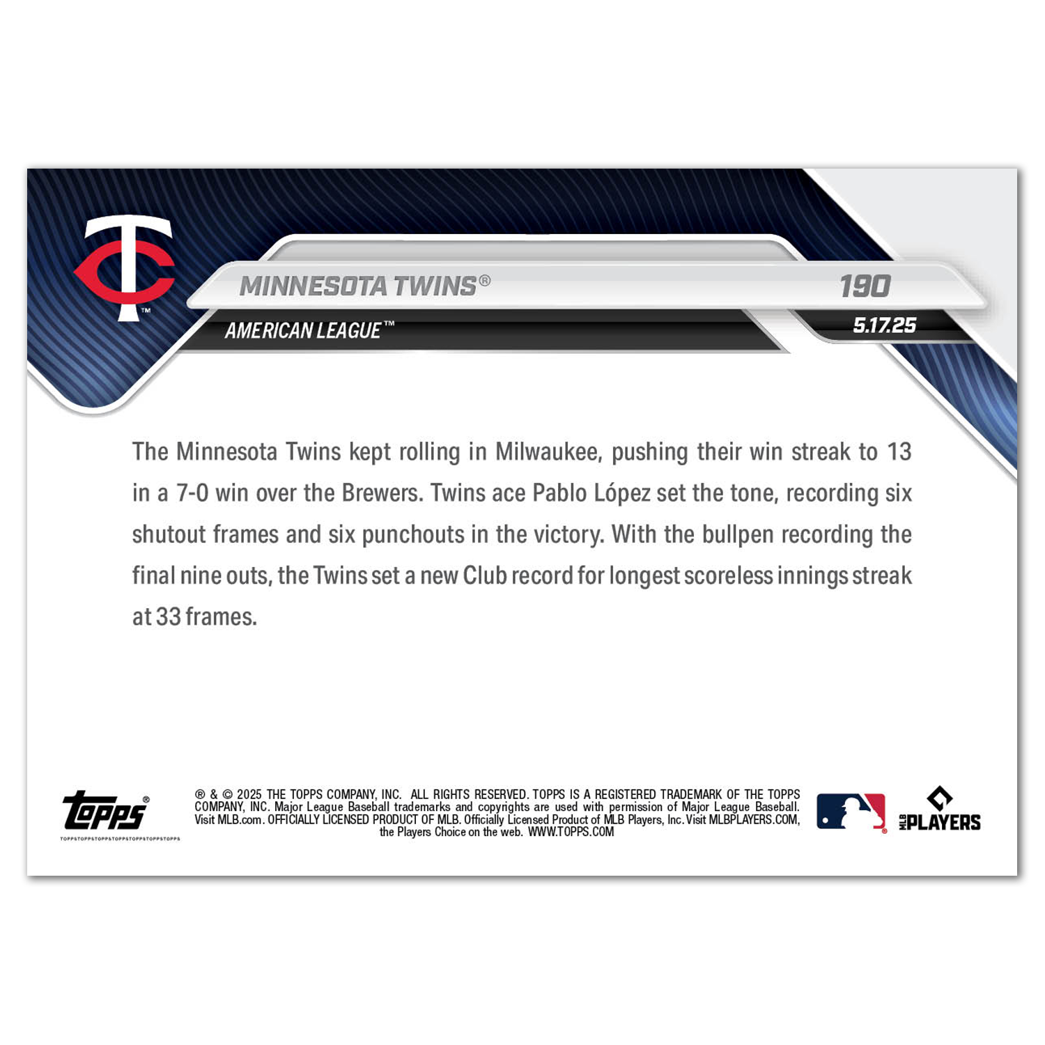 Minnesota Twins - 2025 MLB Topps NOW - Card 190 - PR: 454 - Image 2