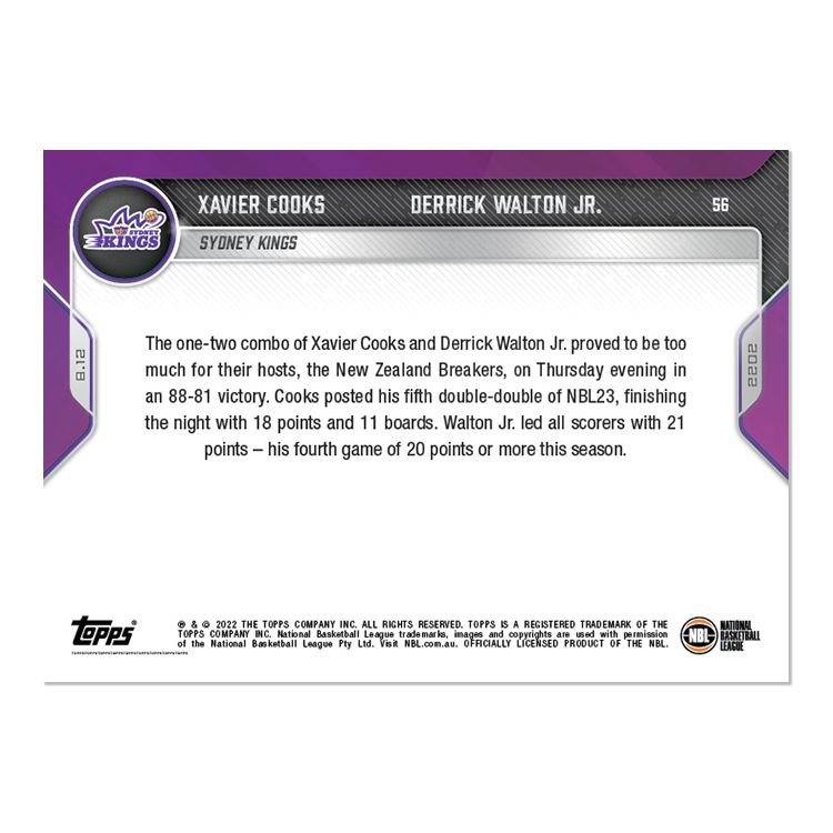 Alternative view of Xavier Cooks/Derrick Walton Jr. - 2022-23 NBL TOPPS NOW Card 56 - PR: 38