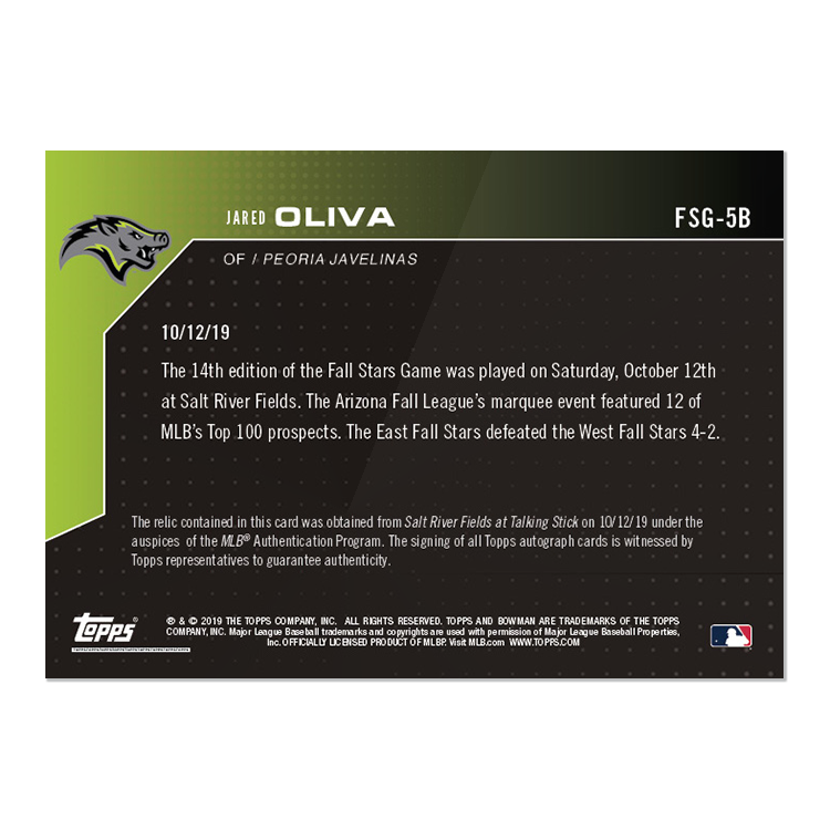 On-Card Auto Relic # to 5 - Jared Oliva - Bowman NEXT TOPPS NOW Card FSG-5B - Image 2