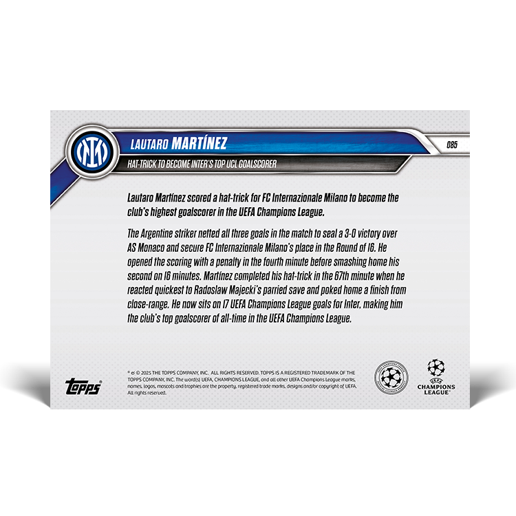 Lautaro Martínez - Hat-trick to become Inter's top UCL goalscorer - 24/25 UCL Topps NOW Card 85 - PR: 151 - Image 2