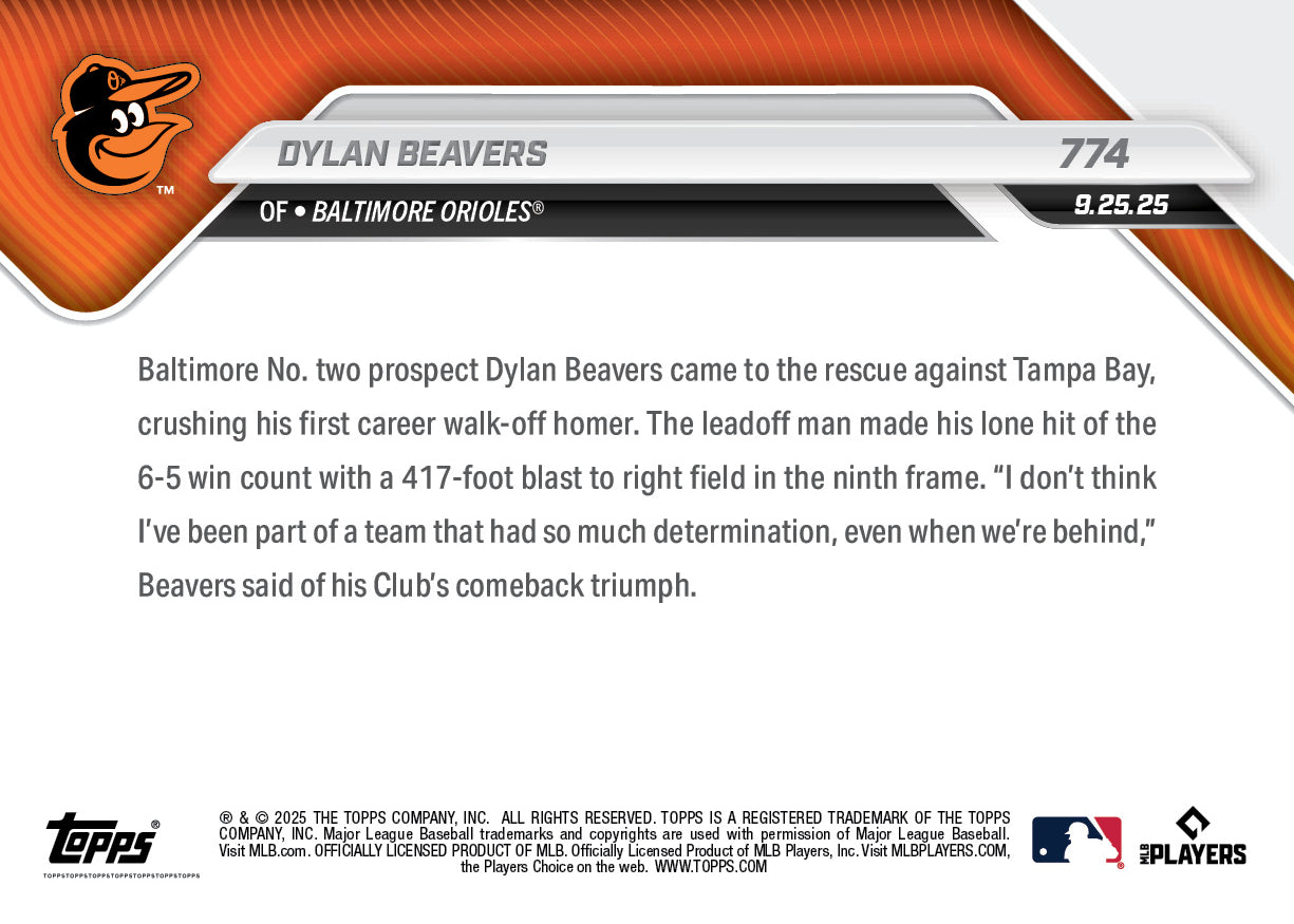 Dylan Beavers - 2025 MLB Topps NOW - Card 774 - PR: 843 - Image 2