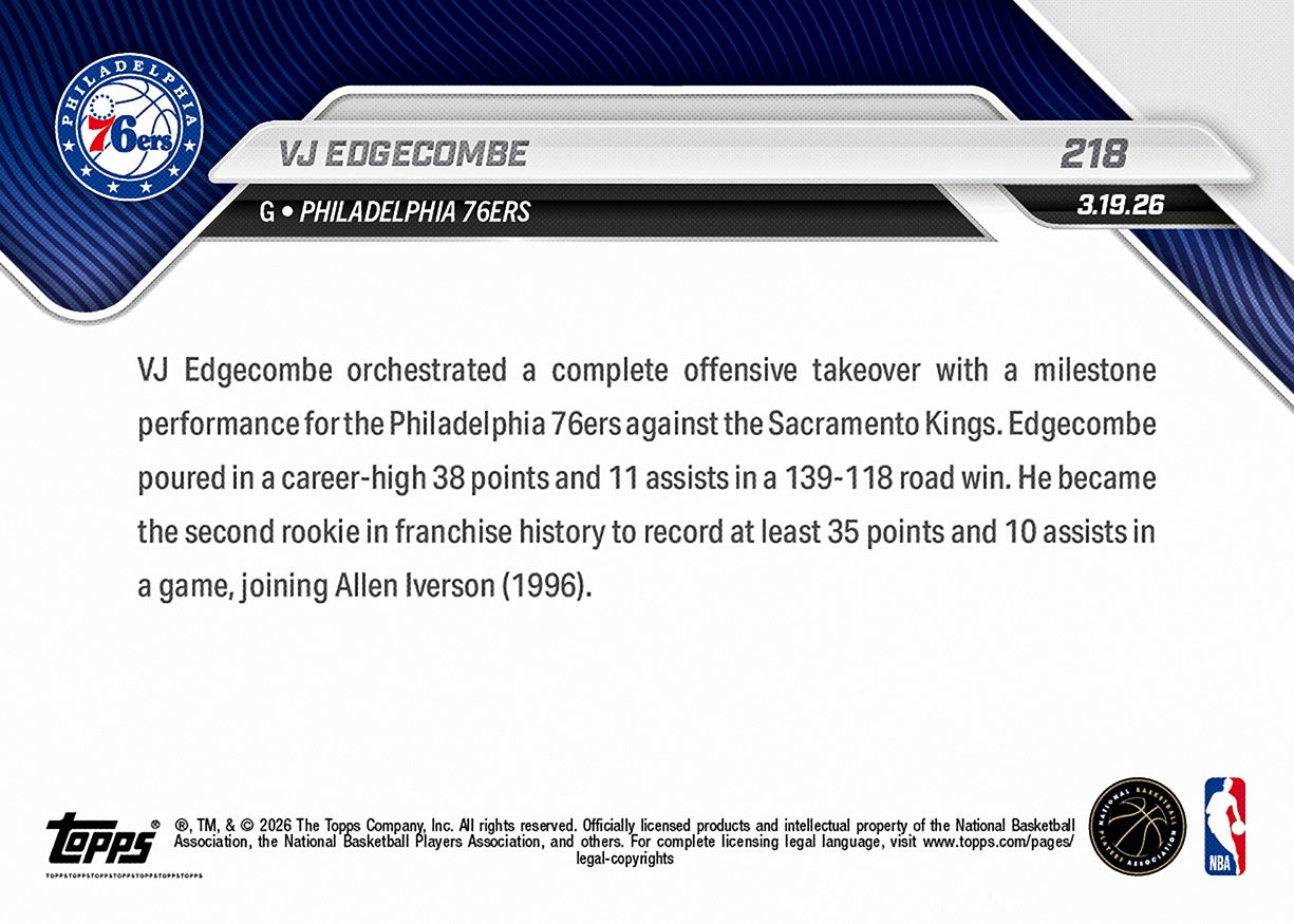 Alternative view of VJ Edgecombe - 2025-26 NBA Topps NOW - Card 218 - PR: 2100