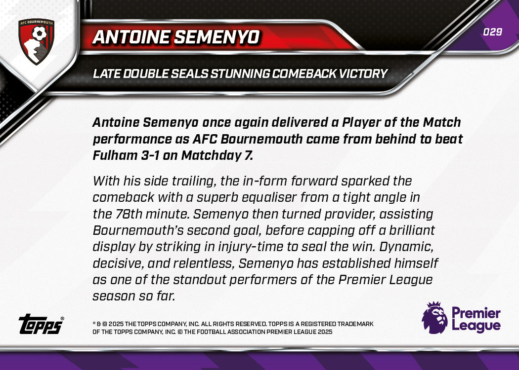 Antoine Semenyo - 2025-26 Premier League Topps NOW - Card 29 - PR: 278 - Image 7
