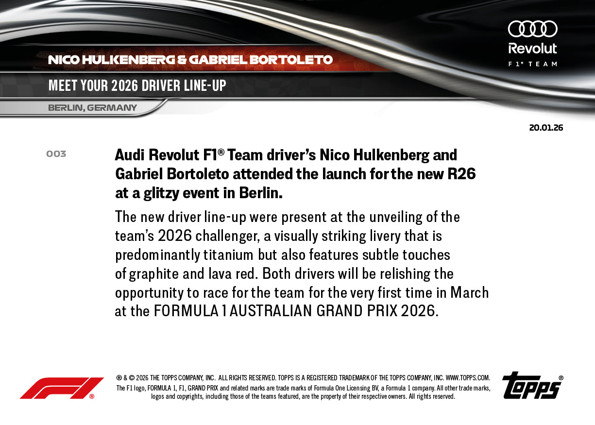 Audi Revolut F1 Team - 2026 Formula 1 Topps NOW - Card 3 - PR: 3951 - Image 9