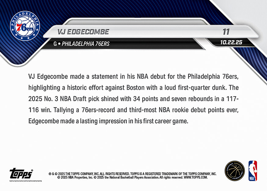 Alternative view of VJ Edgecombe - 2025-26 NBA Topps NOW - Card 11 - PR: 17761