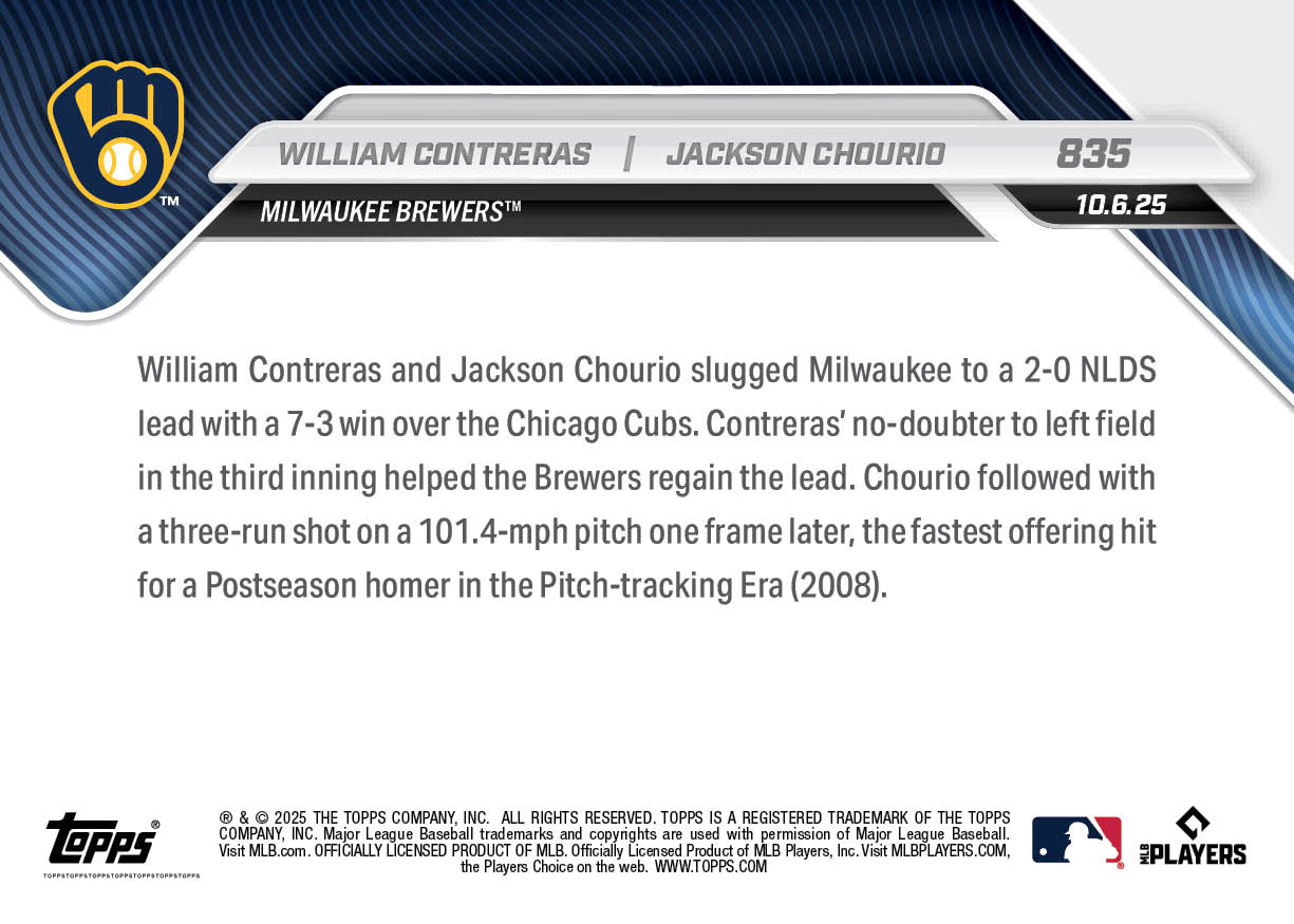 Alternative view of William Contreras / Jackson Chourio - 2025 MLB Topps NOW - Card 835 - PR: 1001