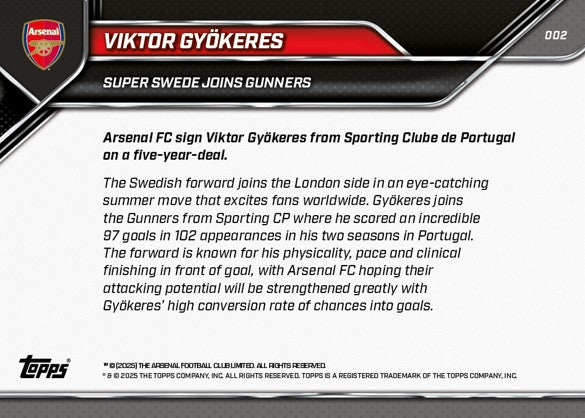 Viktor Gyökeres - 2025 Arsenal FC Topps NOW - Card 2 - PR: 2605 - Image 7