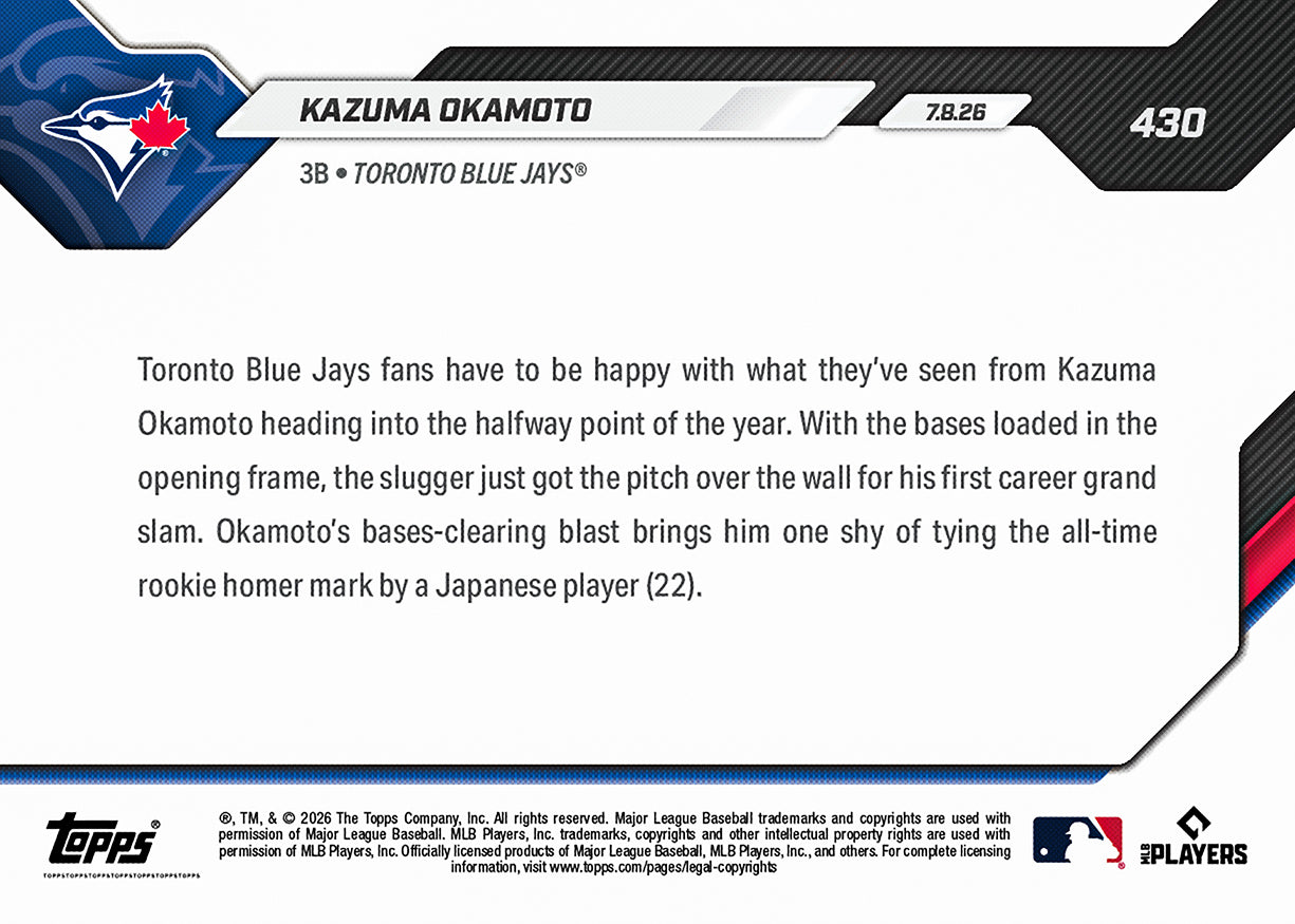 Kazuma Okamoto - 2026 MLB Topps NOW - Card 430 - PR: 5140 - Image 3
