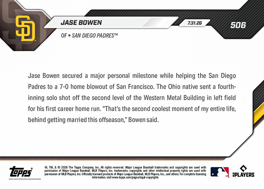 Jase Bowen - 2026 MLB Topps NOW - Card 506 - PR: 866 - Image 2