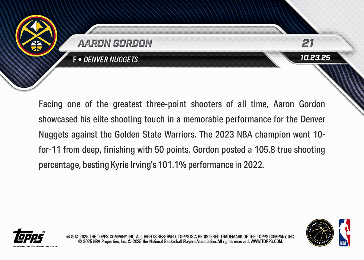 Alternative view of Aaron Gordon - 2025-26 NBA Topps NOW - Card 21 - PR: 494