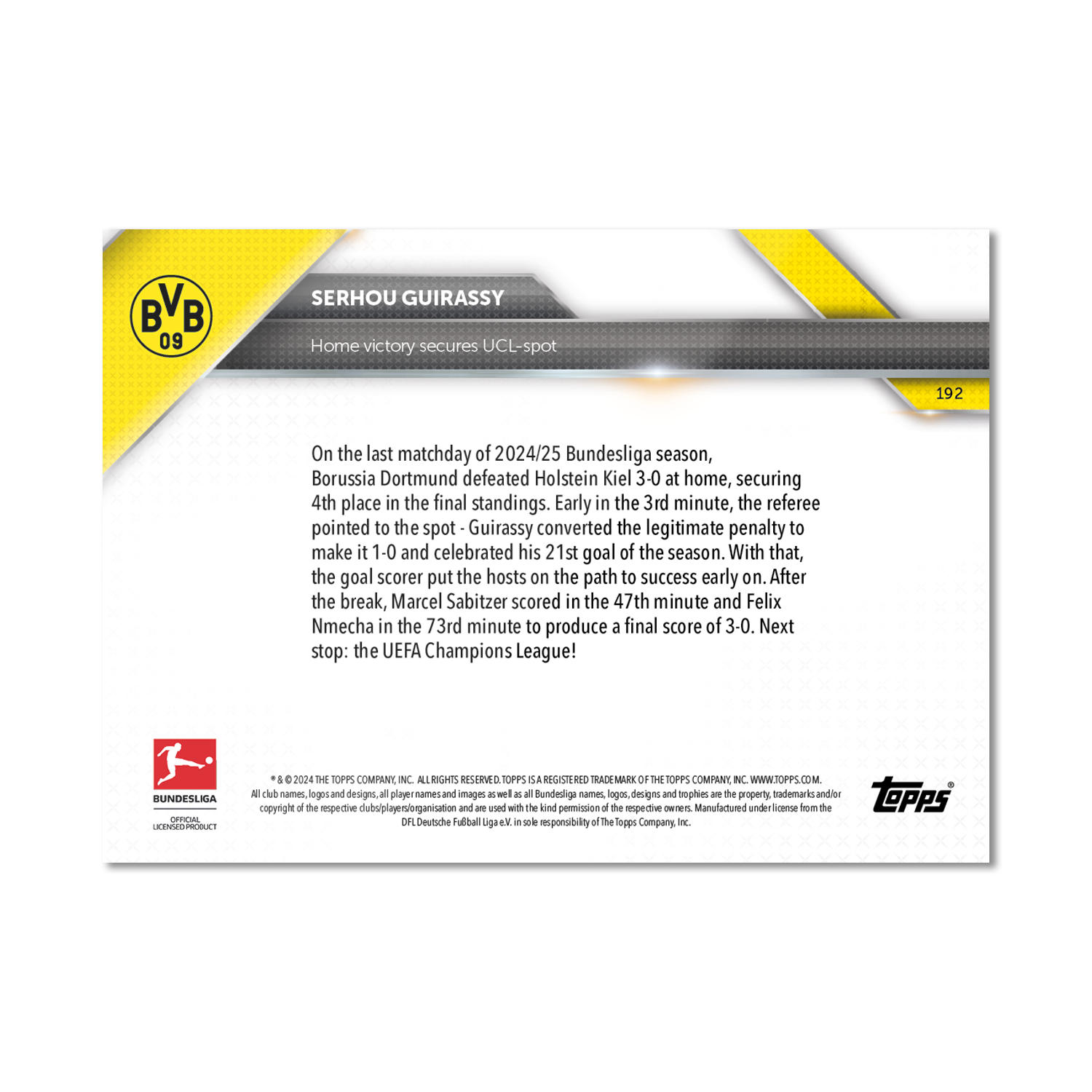 Serhou Guirassy - 2024-25 Bundesliga Topps NOW - Card 192 - PR: 145 - Image 7