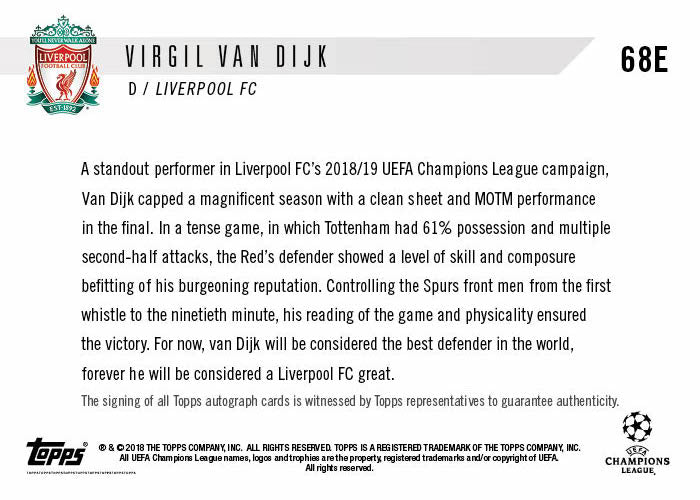 On-Card Autograph # to 1 - Virgil van Dijk - UEFA Champions League TOPPS NOW Card 68E - Image 2