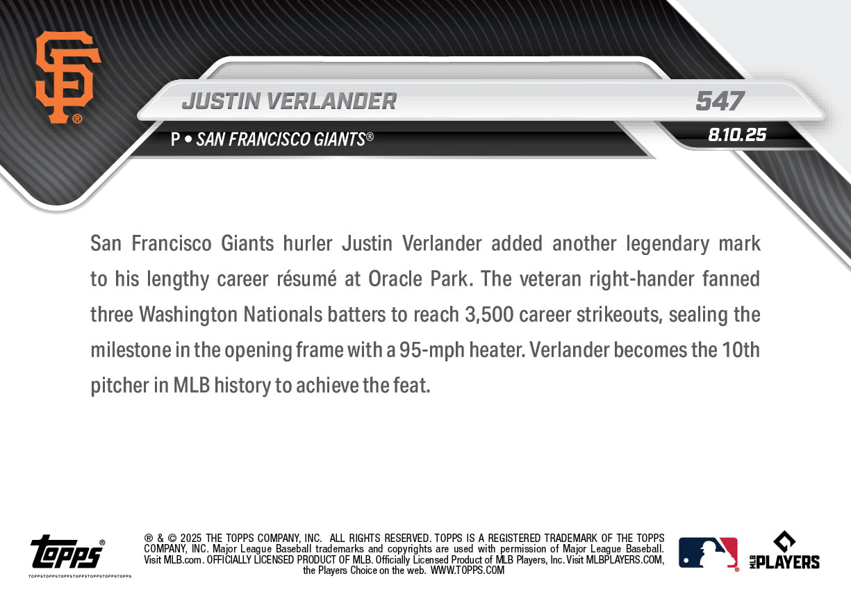 Justin Verlander - 2025 MLB Topps NOW - Card 547 - PR: 1604 - Image 2