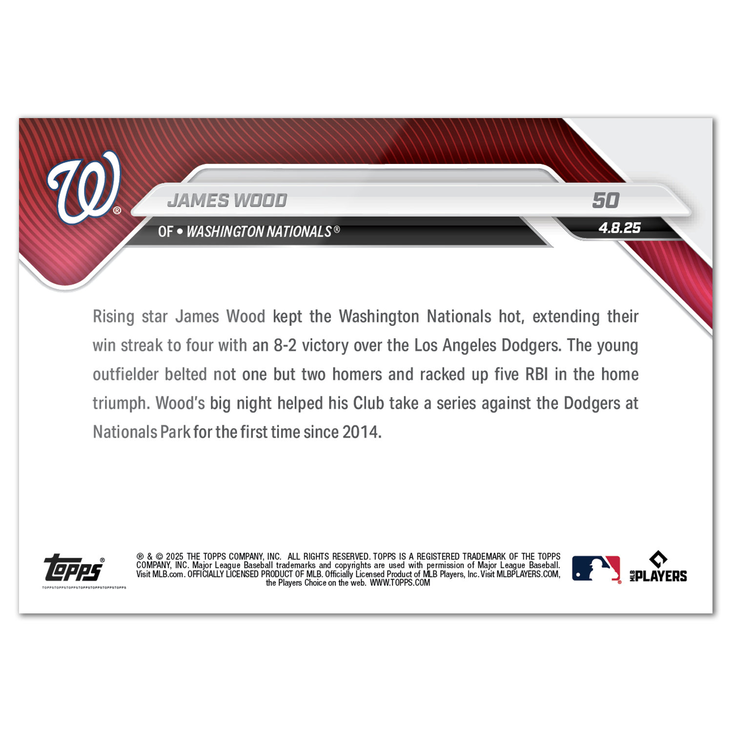 James Wood - 2025 MLB Topps NOW - Card 50 - PR: 1256 - Image 2