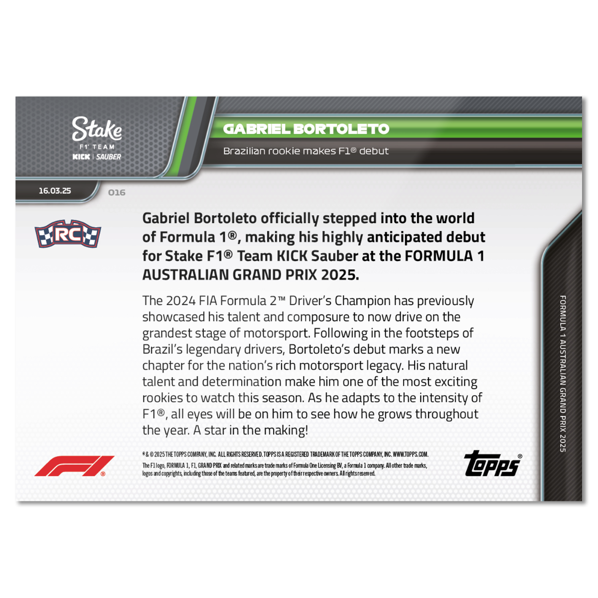 Gabriel Bortoleto - 2025 Formula 1 Topps NOW Card 16 - PR: 1343 - Image 2