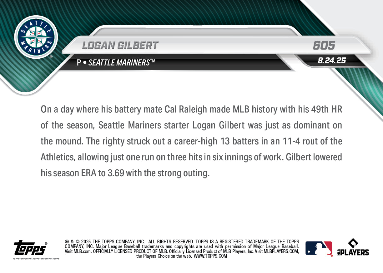Logan Gilbert - 2025 MLB Topps NOW - Card 605 - PR: 891 - Image 2