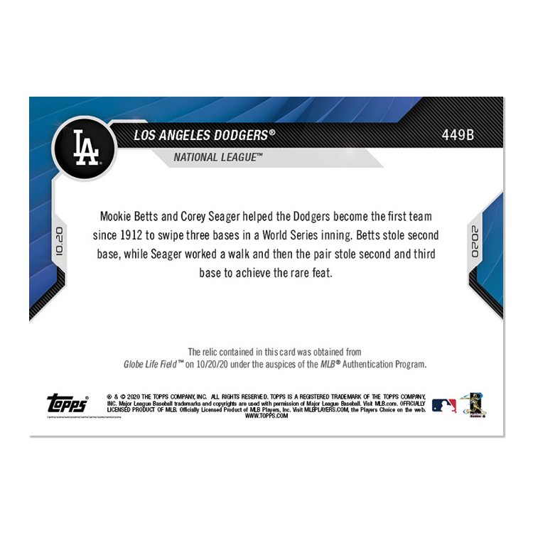 Game-used Base Relic # to 10 - Los Angeles Dodgers - MLB TOPPS NOW Card 449B - Image 2