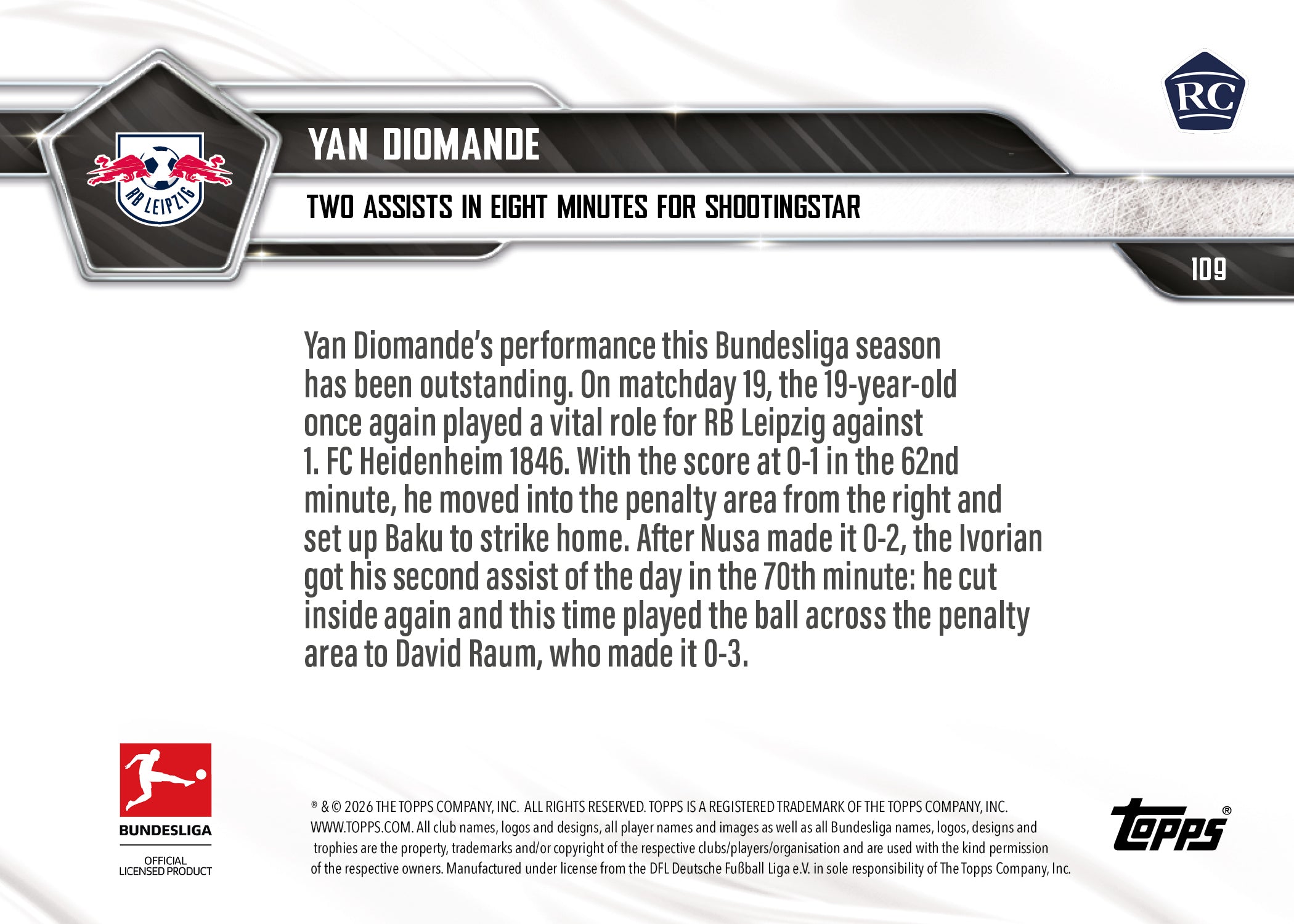 Yan Diomande - 2025-26 Bundesliga Topps NOW - Card 109 - PR: 1629 - Image 7