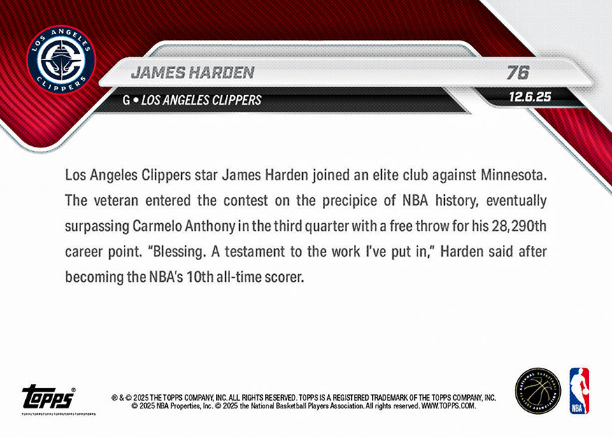 James Harden - 2025-26 NBA Topps NOW - Card 76 - PR: 1908 - Image 3