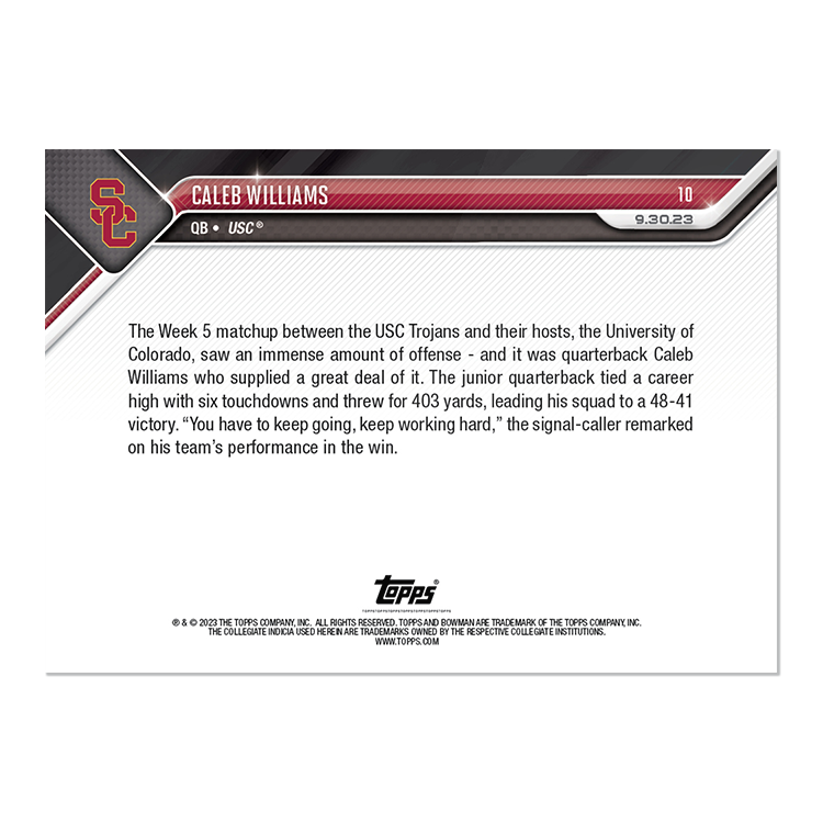 Caleb Williams - 2023 Bowman U NOW Football Card 10 - PR: 4084 - Image 2