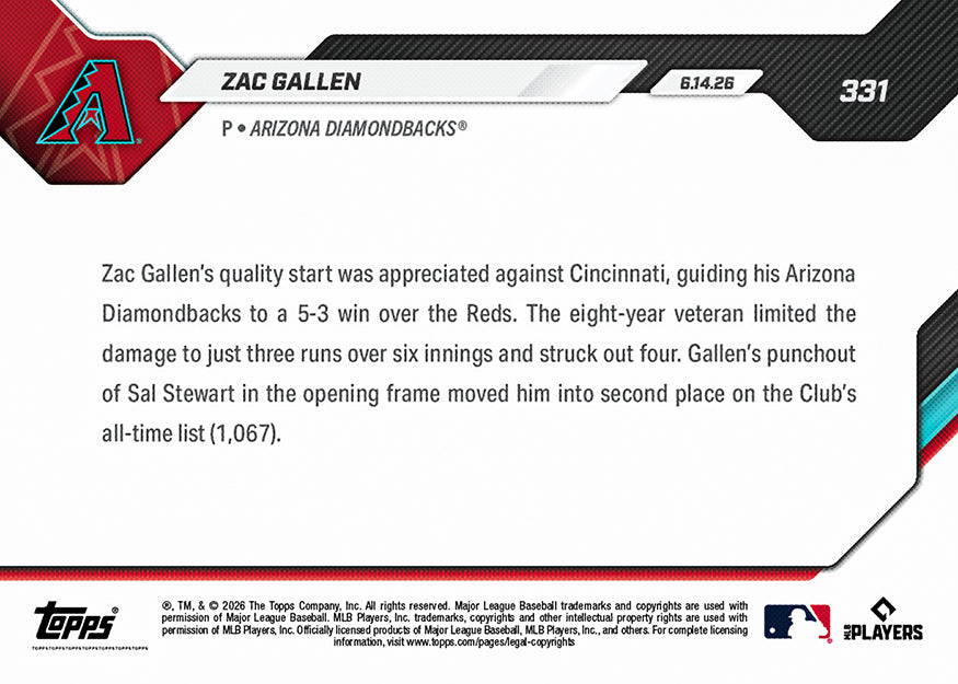 Alternative view of Zac Gallen - 2026 MLB Topps NOW - Card 331 - PR: 365