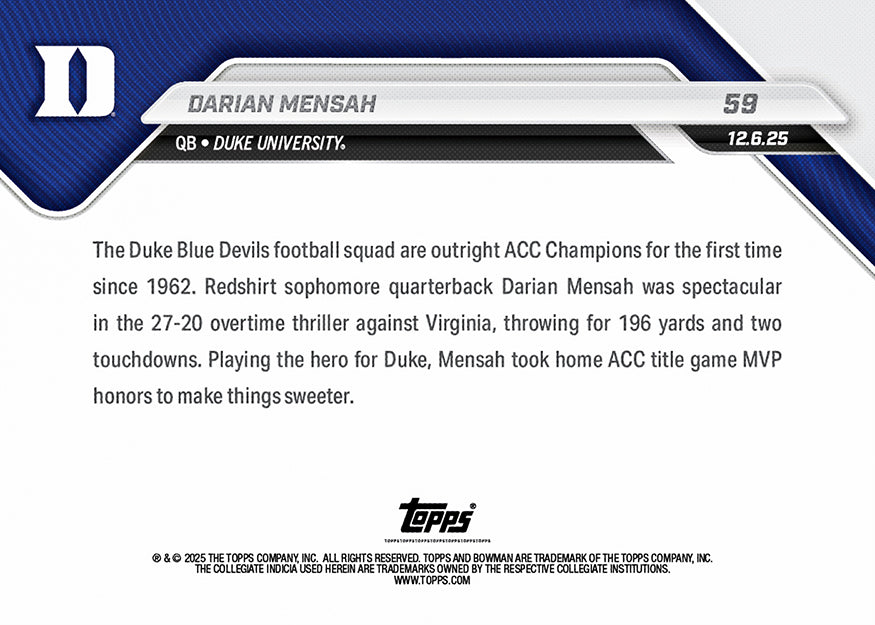Darian Mensah - 2025-26 Bowman U NOW Football - Card 59 - PR: 531 - Image 3