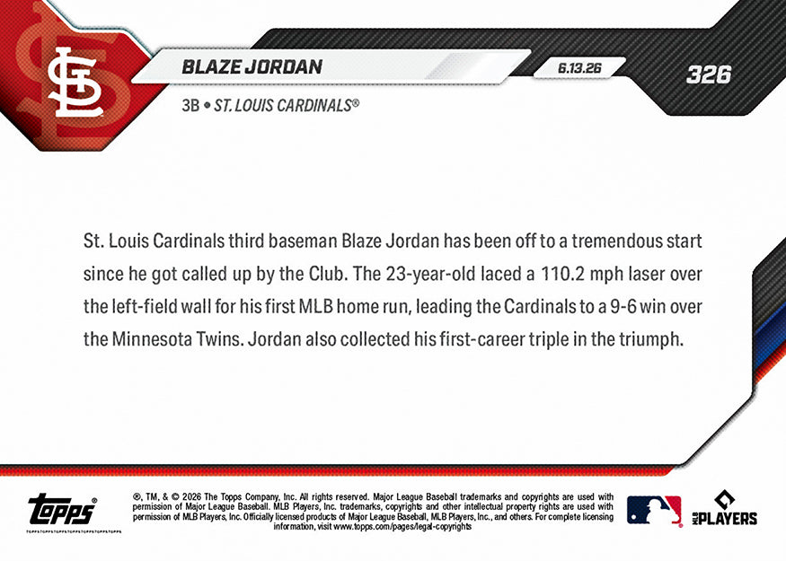 Blaze Jordan - 2026 MLB Topps NOW - Card 326 - PR: 1341 - Image 2