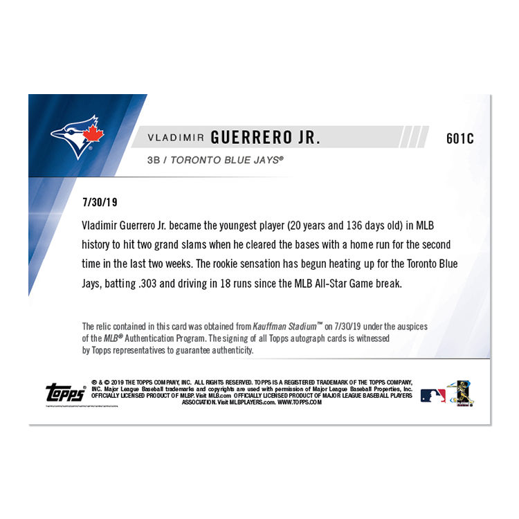 On-Card Auto Base Relic # to 25 - Vladimir Guerrero Jr. - MLB TOPPS NOW Card 601C - Image 2