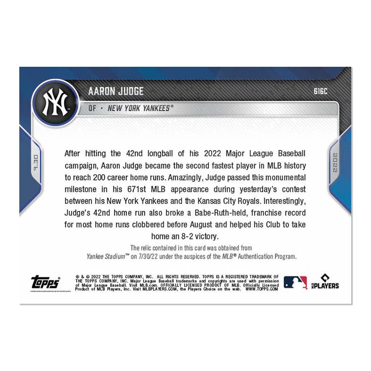 Game-used Base Relic # to 25 - Aaron Judge - 2022 MLB TOPPS NOW Card 616C - Image 2