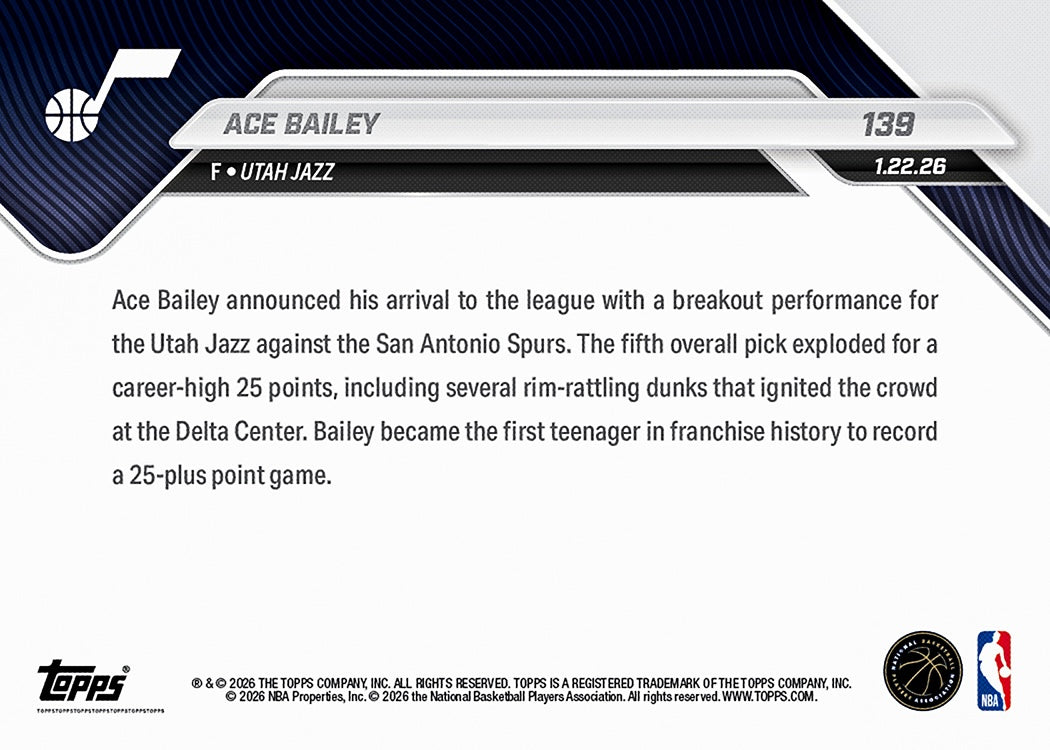 Alternative view of Ace Bailey - 2025-26 NBA Topps NOW - Card 139 - PR: 1072