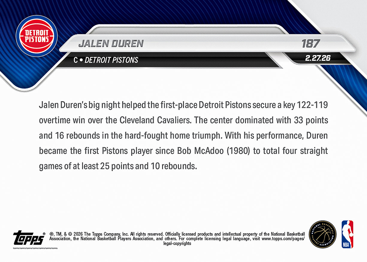 Jalen Duren - 2025-26 NBA Topps NOW - Card 187 - PR: 570 - Image 2