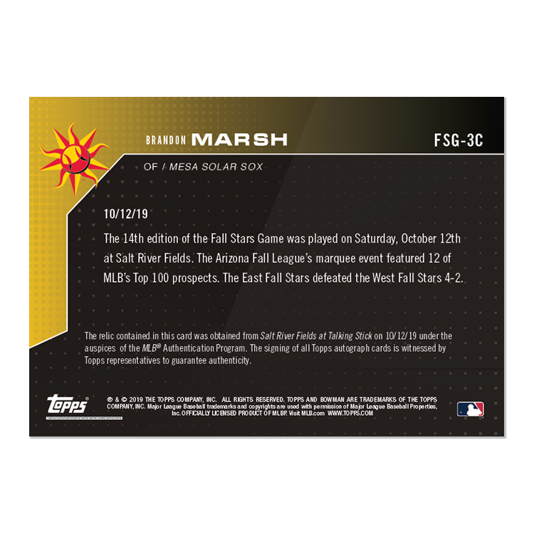On-Card Auto Relic # to 1 - Brandon Marsh - Bowman NEXT TOPPS NOW Card FSG-3C - Image 2