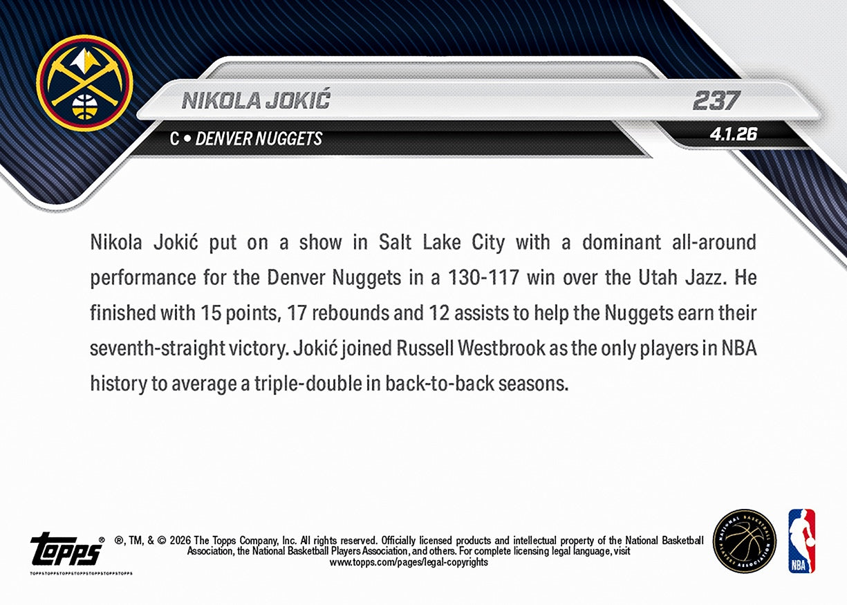 Nikola Jokić - 2025-26 NBA Topps NOW - Card 237 - PR: 1039 - Image 2