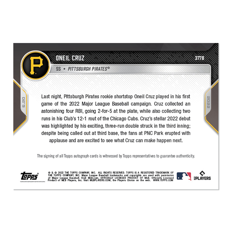 On-Card Auto # to 49 -Oneil Cruz- 2022 MLB TOPPS NOW Card 377B - Image 2